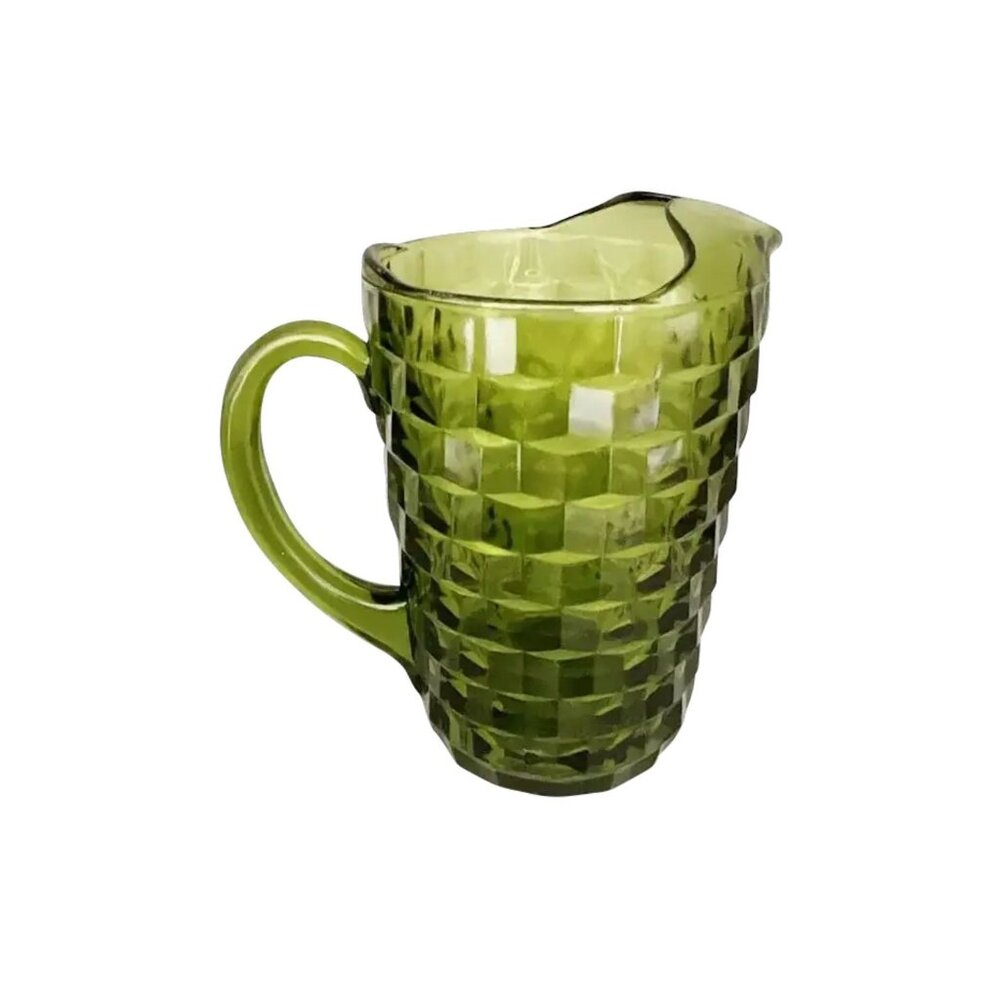 Vintage Green Fostoria Glass Pitcher With Textured Geometric Design